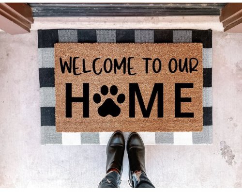 MVM WELCOME TO OUR HOME Dog Doormat Indoor/Outdoor Mat | Welcome Mat | Rubber Backing